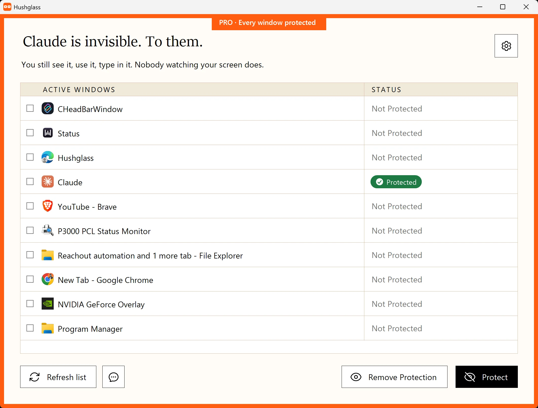 A lista de janelas do Hushglass, na versão em inglês, com uma linha marcada como “Protected”.