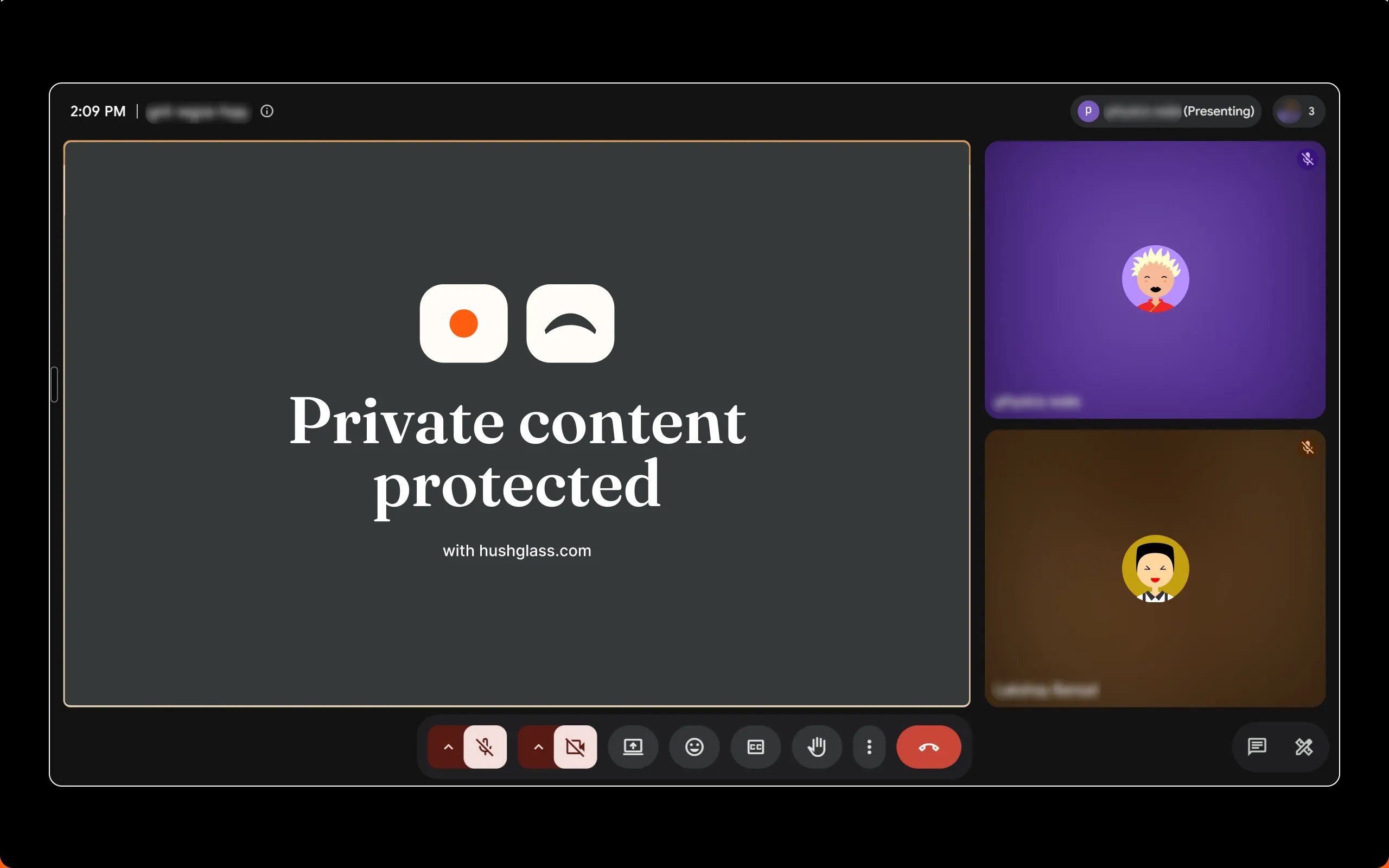 A video call as a viewer sees it, where the shared screen shows an opaque privacy screen instead of the real window.