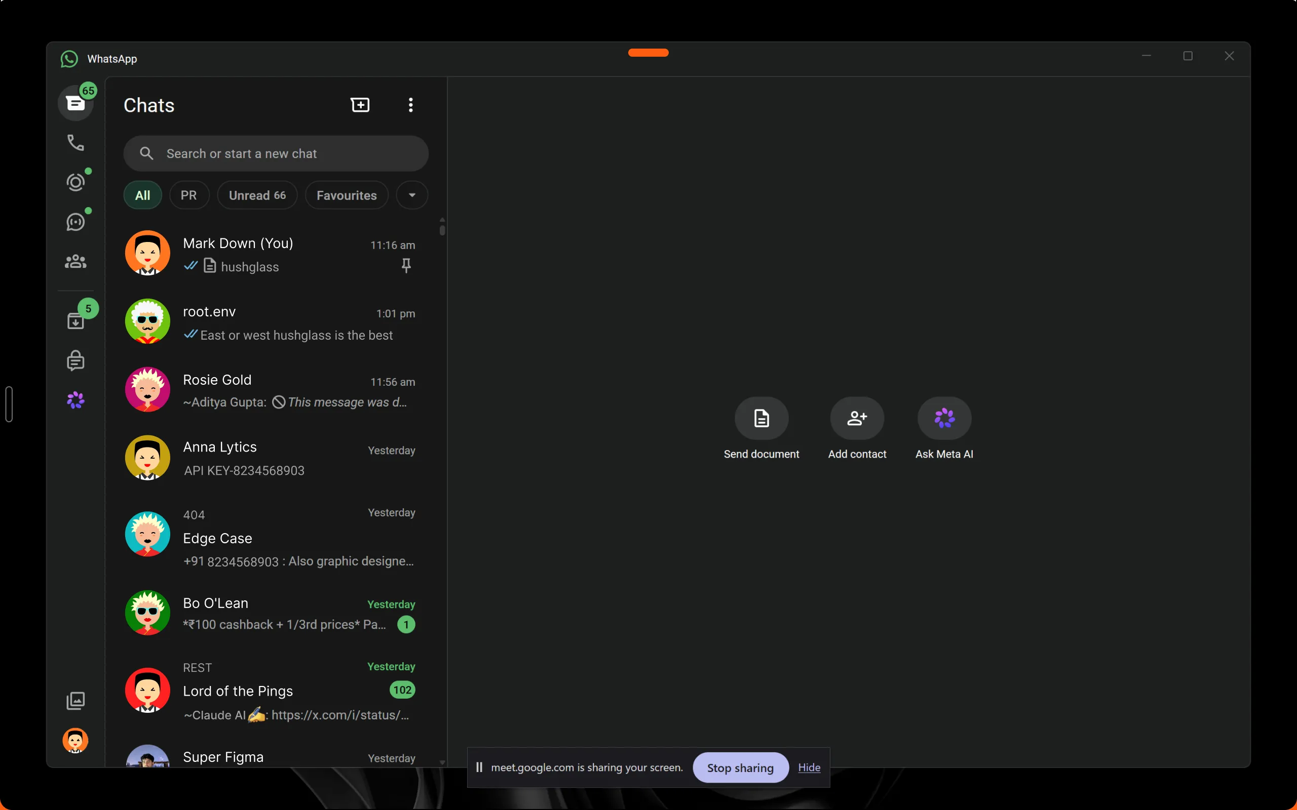 A chat application open on a presenter’s screen while a browser bar reports that the screen is being shared.
