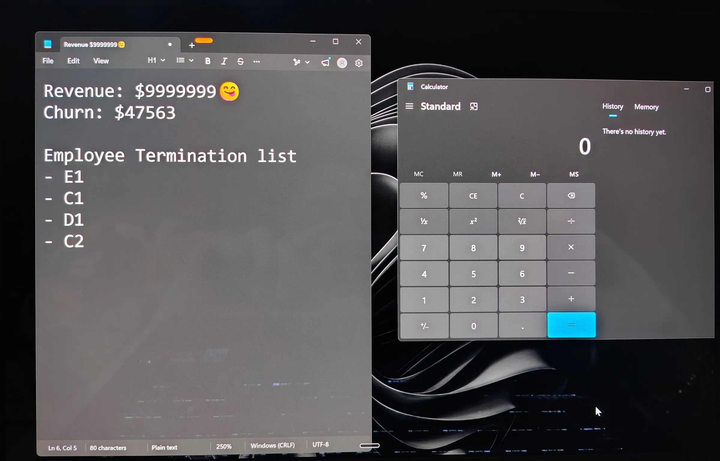 A laptop screen photographed directly, showing a text editor with sample figures beside an open Windows Calculator.