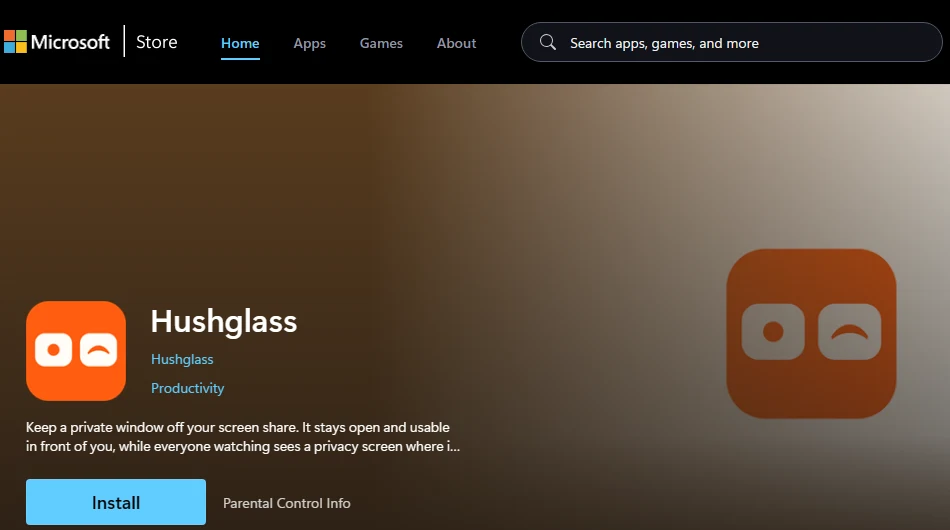 A página do Hushglass na Microsoft Store, na versão em inglês: o ícone laranja, o nome, o editor Hushglass, a categoria Produtividade e um botão de instalar.
