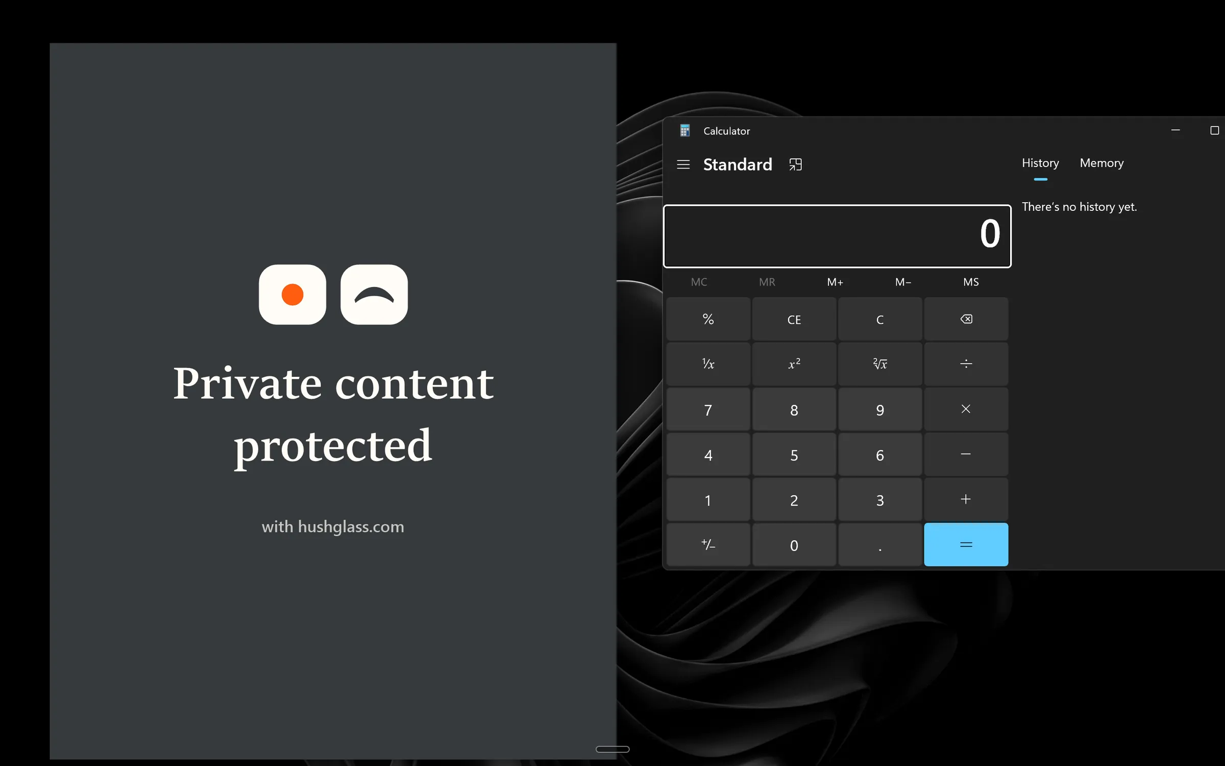 The same desktop as a capture receives it, where the text editor has been replaced by an opaque dark panel reading Private content protected, while the calculator beside it is fully visible.