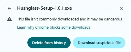 The opened warning, offering Delete from history and Download suspicious file.