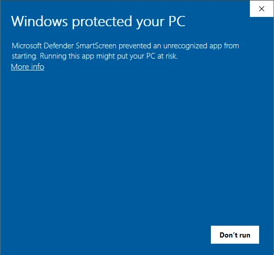 Windows prompt reading Windows protected your PC, with a More info link.